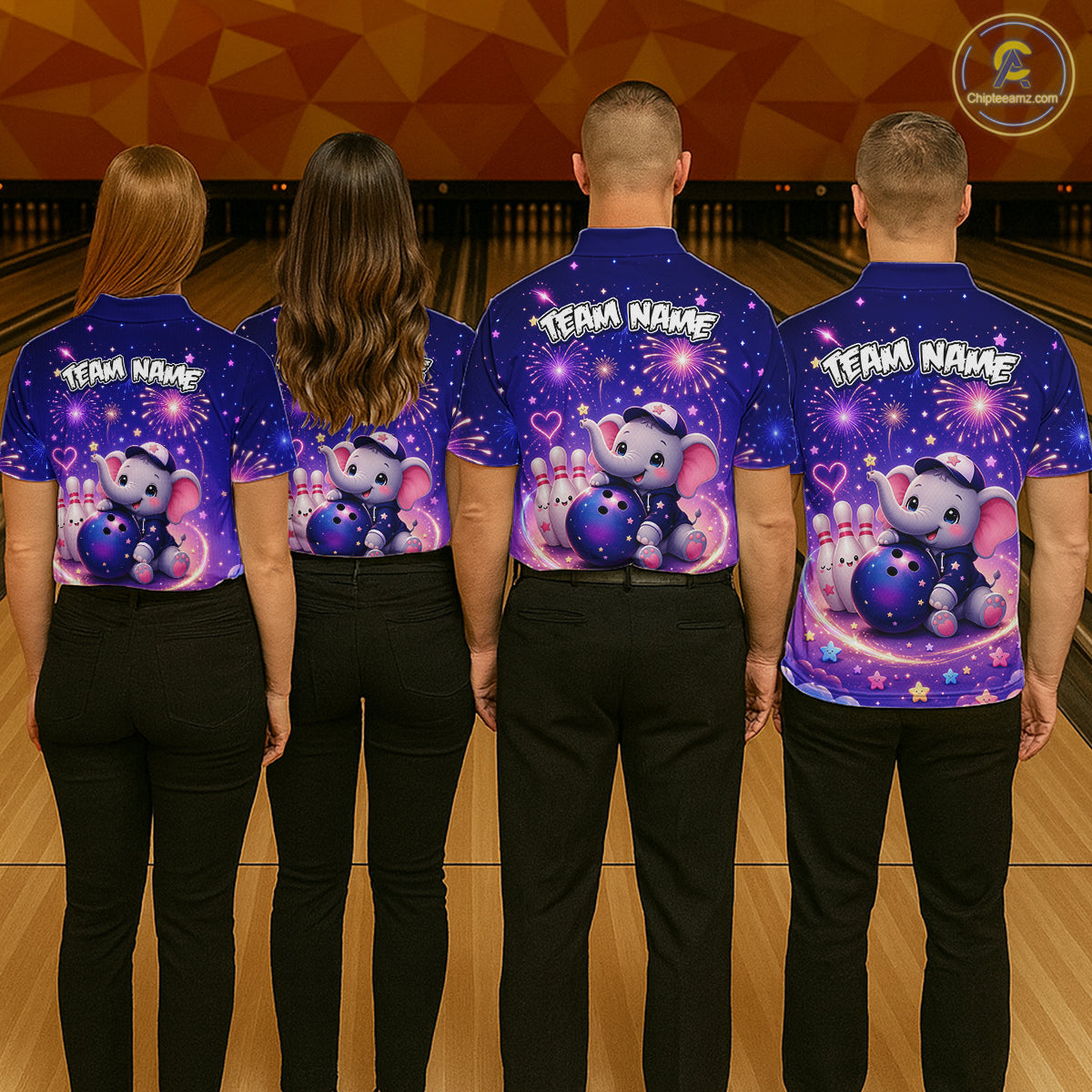 Bowling team wearing custom funny elephant firework bowling shirts, group back view mockup, personalized team jerseys.