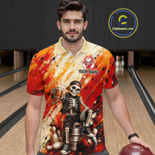 Load image into Gallery viewer, Man wearing custom orange skeleton &amp; beer bowling polo shirt, front view mockup, personalized bowling league jersey.