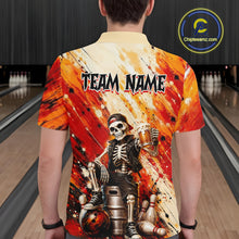 Load image into Gallery viewer, Man wearing custom orange skeleton &amp; beer bowling polo shirt, back view mockup, personalized bowling league jersey.