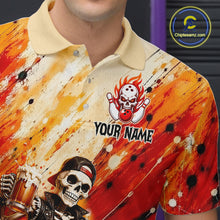 Load image into Gallery viewer, Close-up collar view of custom orange skeleton &amp; beer bowling polo shirt with personalized name detail.