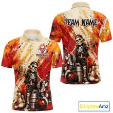 Load image into Gallery viewer, Custom orange skeleton &amp; beer bowling polo shirt, front and back views, bowling league jersey for men