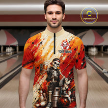 Load image into Gallery viewer, Man wearing custom orange skeleton &amp; beer bowling 1/4 zip shirt, front view mockup, personalized bowling league jersey.