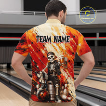 Load image into Gallery viewer, Man wearing custom orange skeleton &amp; beer bowling 1/4 zip shirt, back view mockup, personalized bowling league jersey.