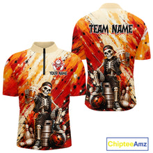 Load image into Gallery viewer, Custom orange skeleton &amp; beer bowling quarter-zip shirt, front and back views, bowling league jersey for men