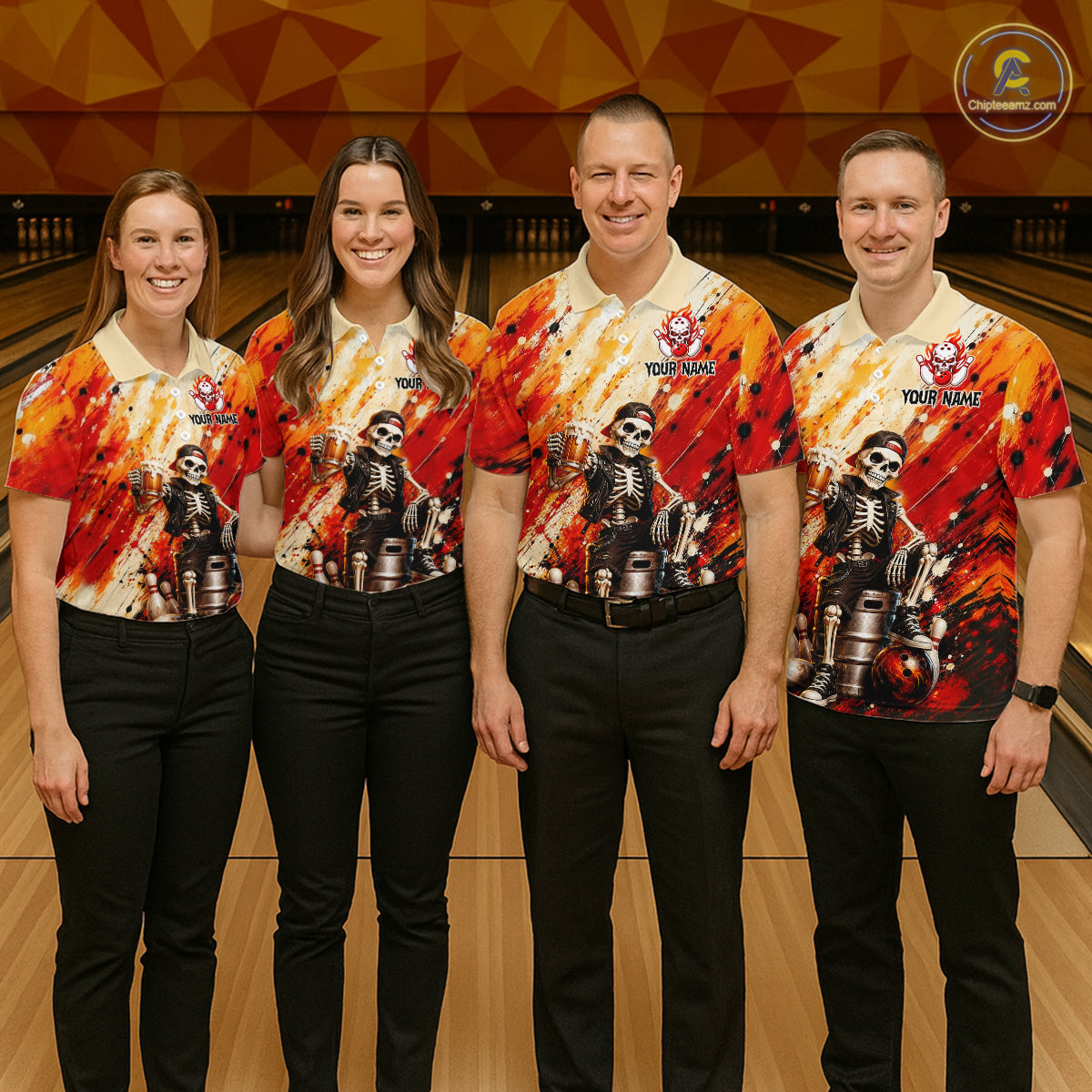 Bowling team wearing custom orange skeleton & beer bowling shirts, group front view mockup, personalized team jerseys.