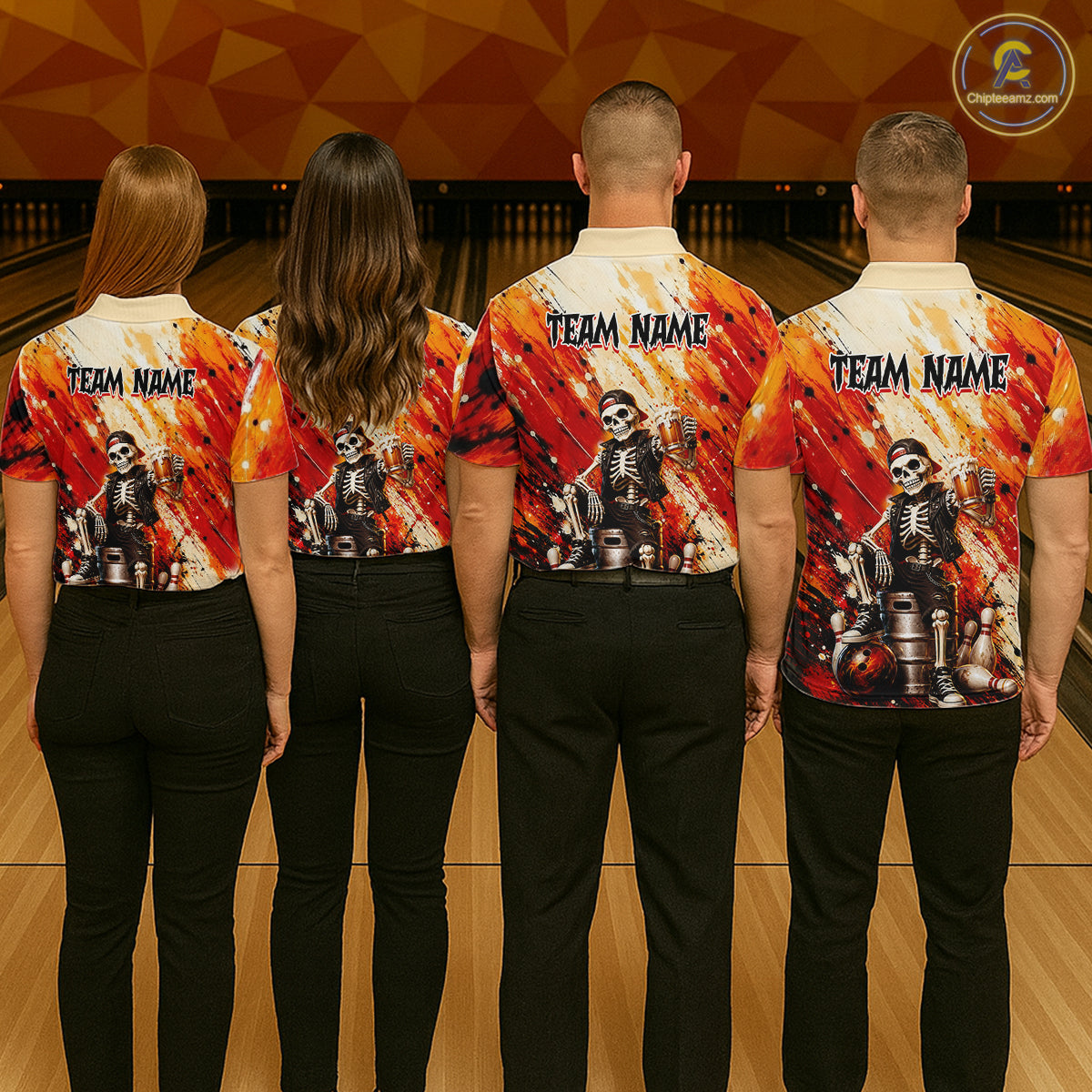 Bowling team wearing custom orange skeleton & beer bowling shirts, group back view mockup, personalized team jerseys.