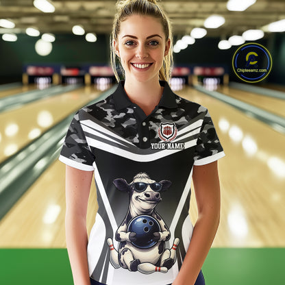 Custom Funny Cow Bowling Shirt for Women Camo Bowling League Jersey Polo & Quarter-Zip QZT871