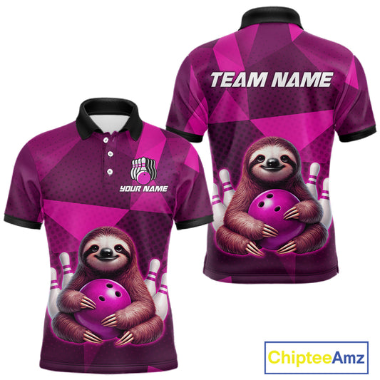 Pink Funny Sloth Bowling Shirt for Men Custom Bowling Jersey Polo & Quarter-Zip Bowling Outfit QZT995