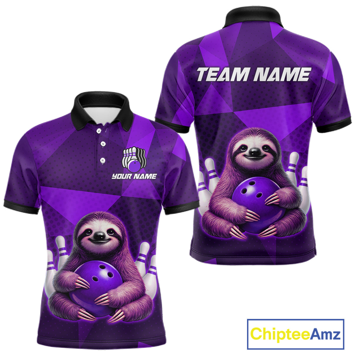 Purple Funny Sloth Bowling Shirt for Men Custom Bowling Jersey Polo & Quarter-Zip Bowling Outfit QZT995