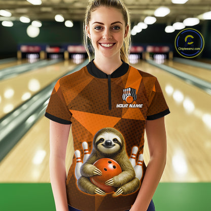 Orange Funny Sloth Bowling Shirt for Women Custom Bowling Jersey Polo & Quarter-Zip Bowling Outfit QZT995
