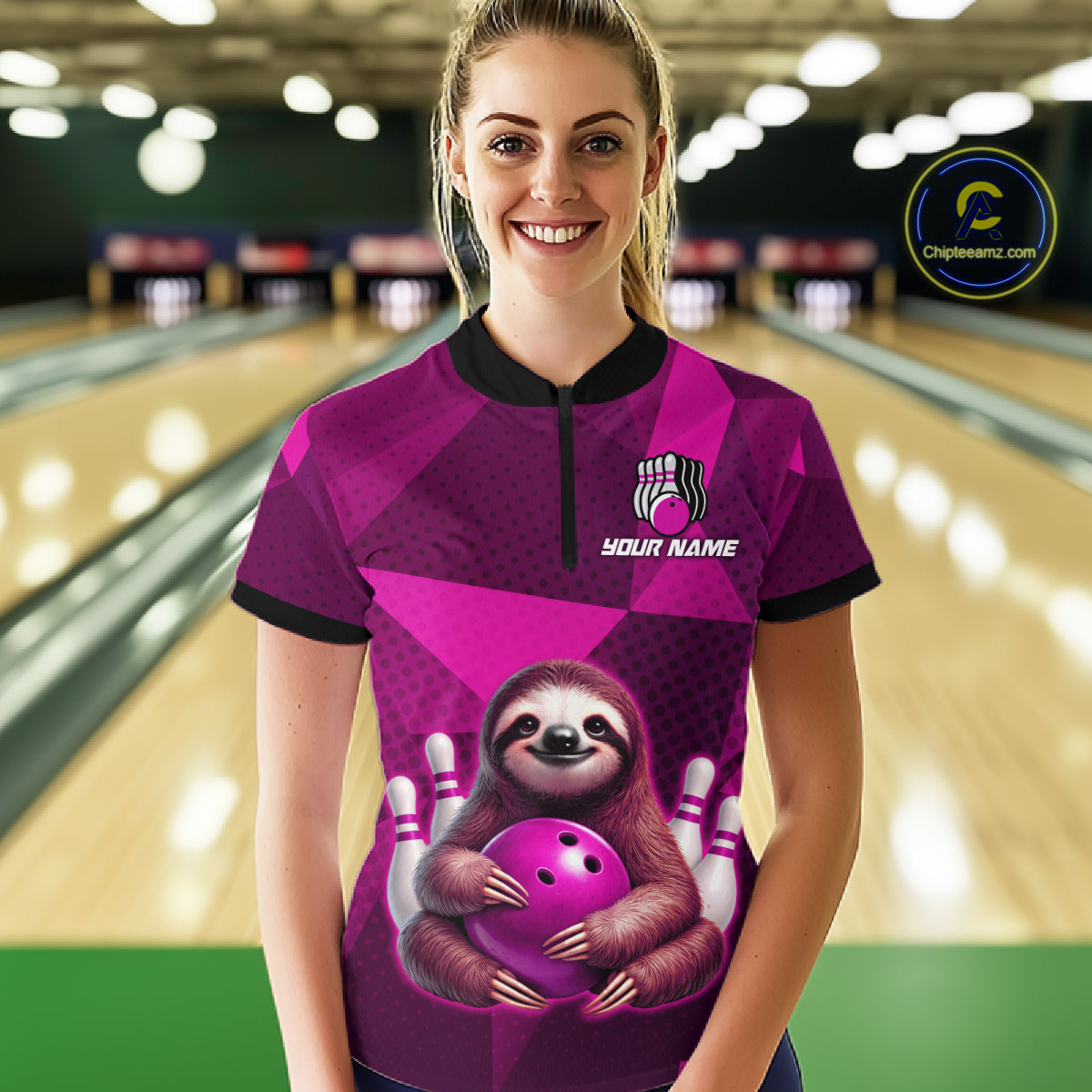 Pink Funny Sloth Bowling Shirt for Women Custom Bowling Jersey Polo & Quarter-Zip Bowling Outfit QZT995