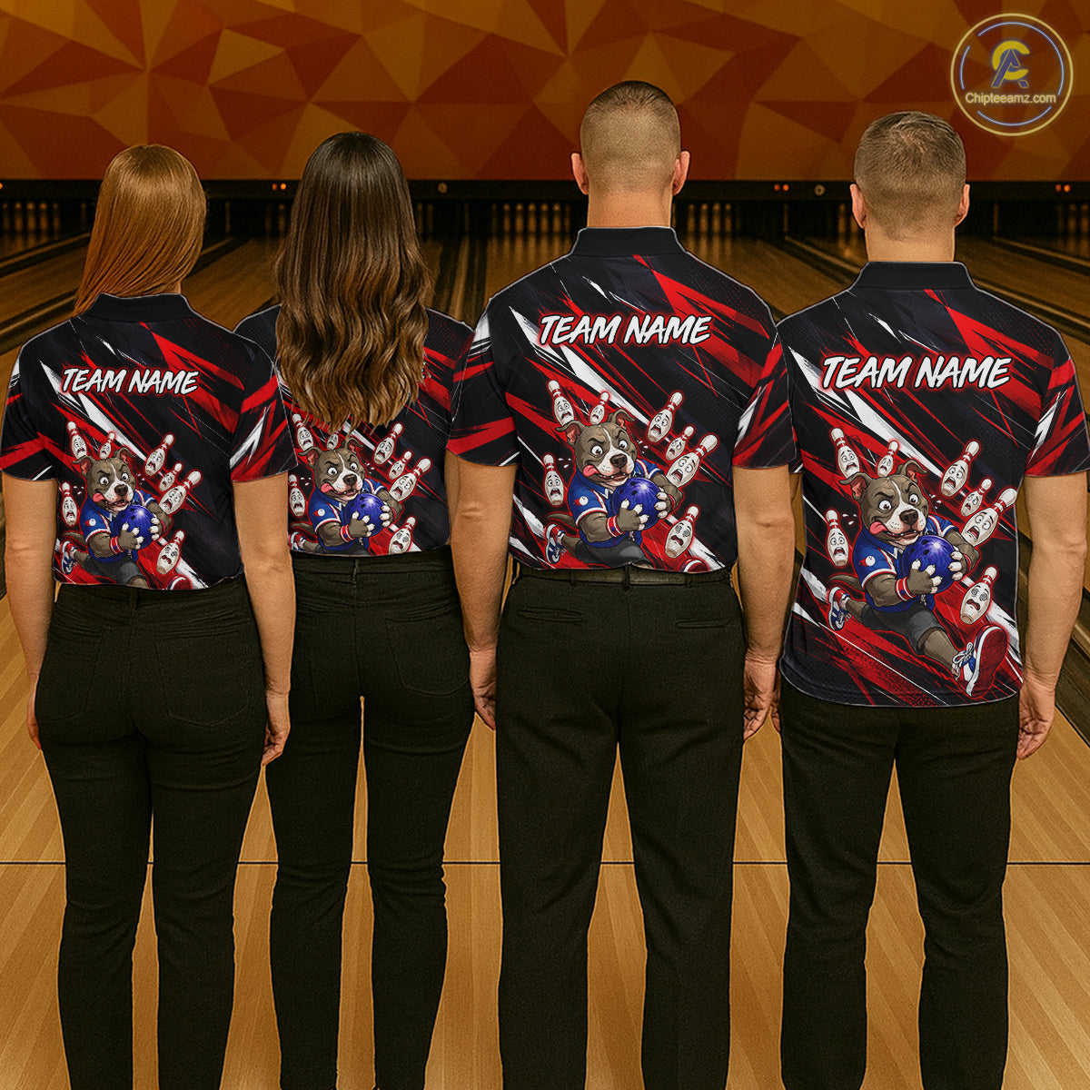 Bowling team wearing custom red pit bull bowling shirts, group back view mockup, personalized team jerseys.