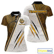 Load image into Gallery viewer, Custom yellow tribal tiger bowling polo shirt, front and back views, bowling league jersey for women