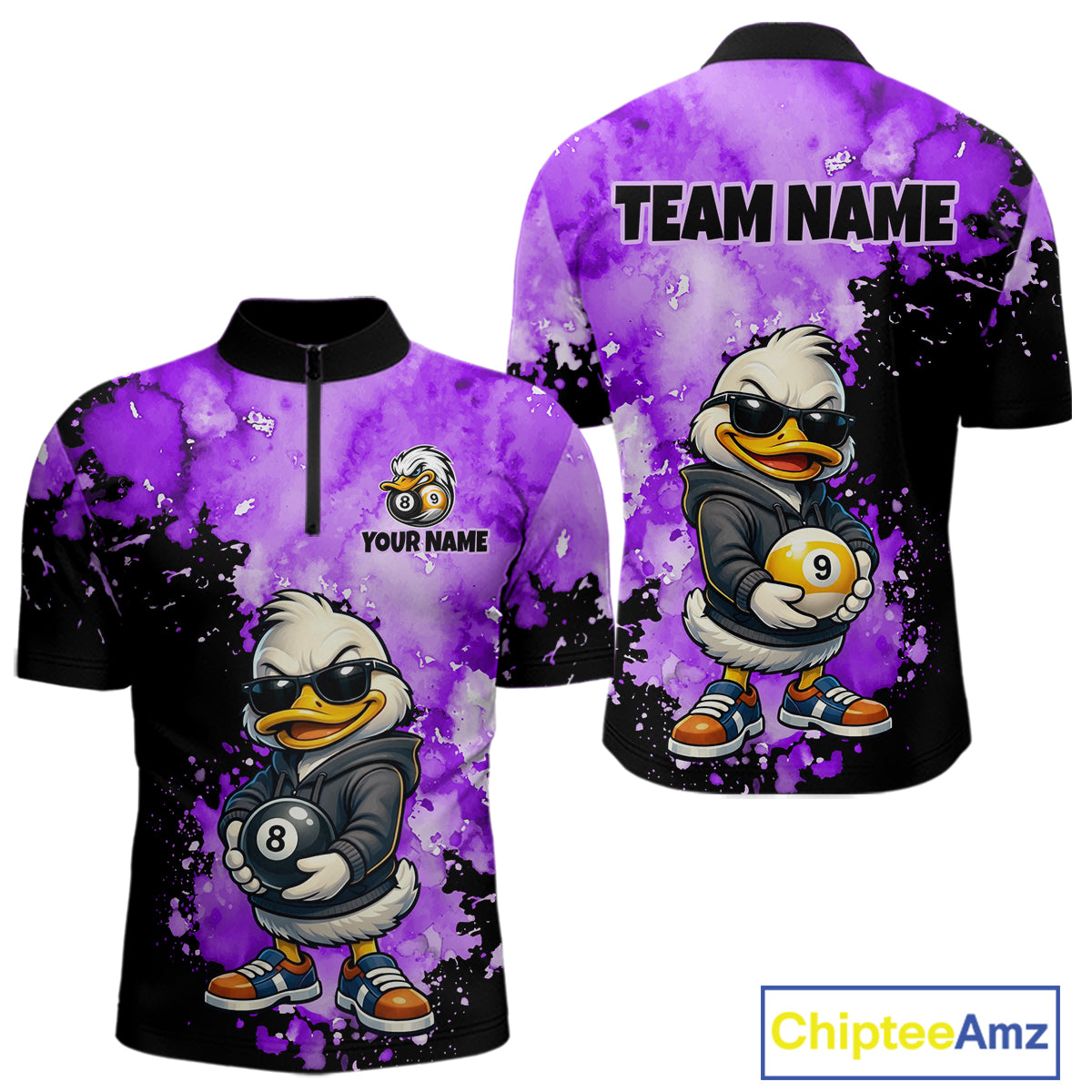Front and back views of a short-sleeve polo shirt with a purple and black watercolor splatter design, featuring a cartoon duck character wearing sunglasses and holding pool balls. The front has a half-zip collar, a small cartoon logo, and the text 'YOUR NAME', while the back has 'TEAM NAME' printed at the top.