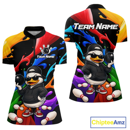 Front and back views of a short-sleeve polo shirt with a colorful bowling-themed cartoon duck design. The shirt features a black base with bright multicolor paint splashes in red, yellow, blue, green, orange, and purple.