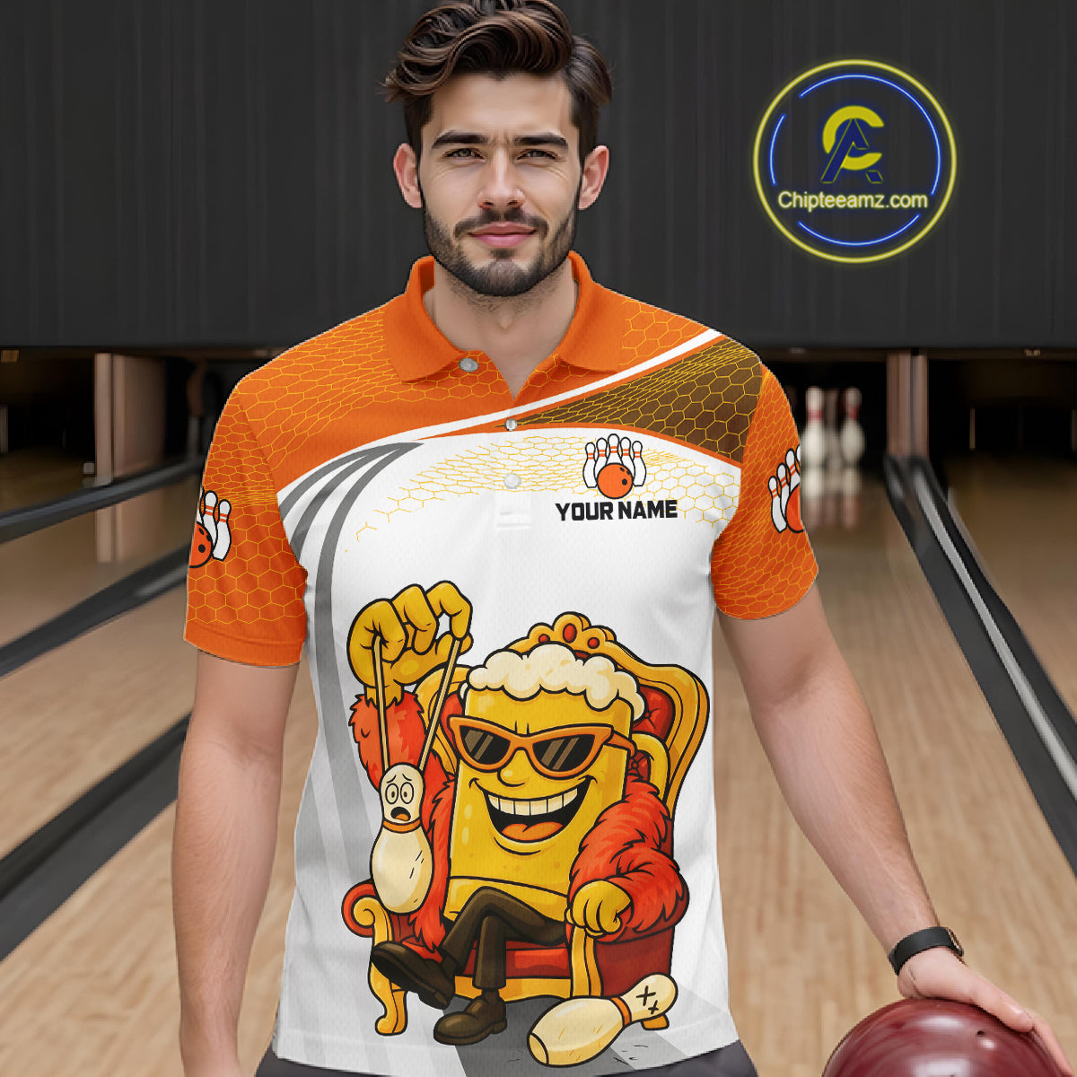 Custom Funny Orange Beer Polo Bowling Team Shirt for Men Quarter-Zip Bowling Jersey Outfit QZT820