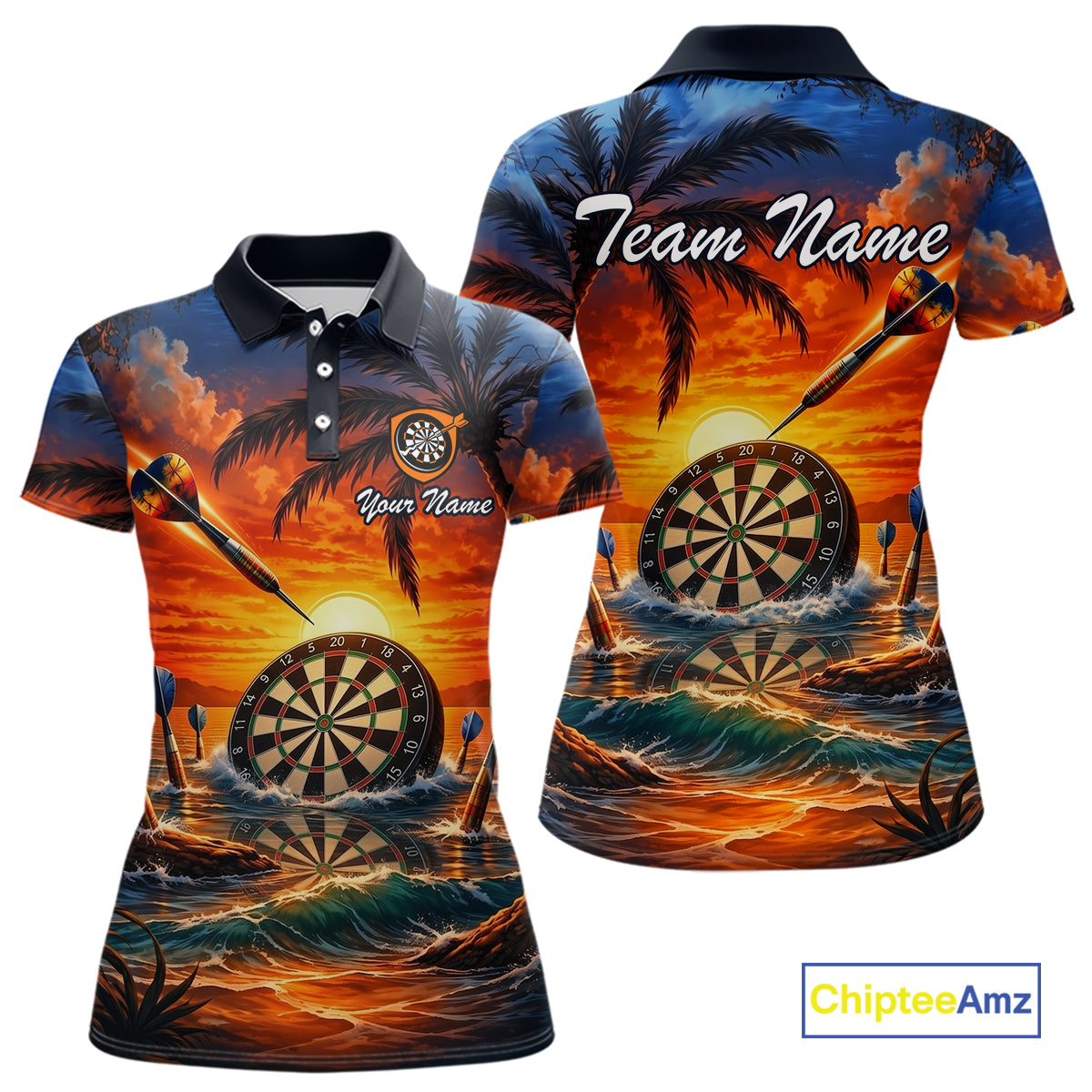 Custom Dart Team Shirts for Women Polo & 1/4 Zip Dart Jersey Sunset Tropical Design Dartboard Shirt DHT30