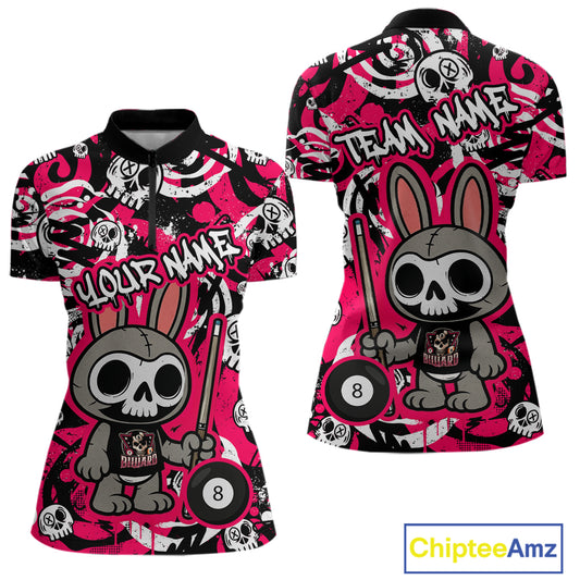 Custom Pink Skull Bunny Billiard Shirt for Women Gothic Billiard Team Jersey Polo & Quarter-Zip BHT30