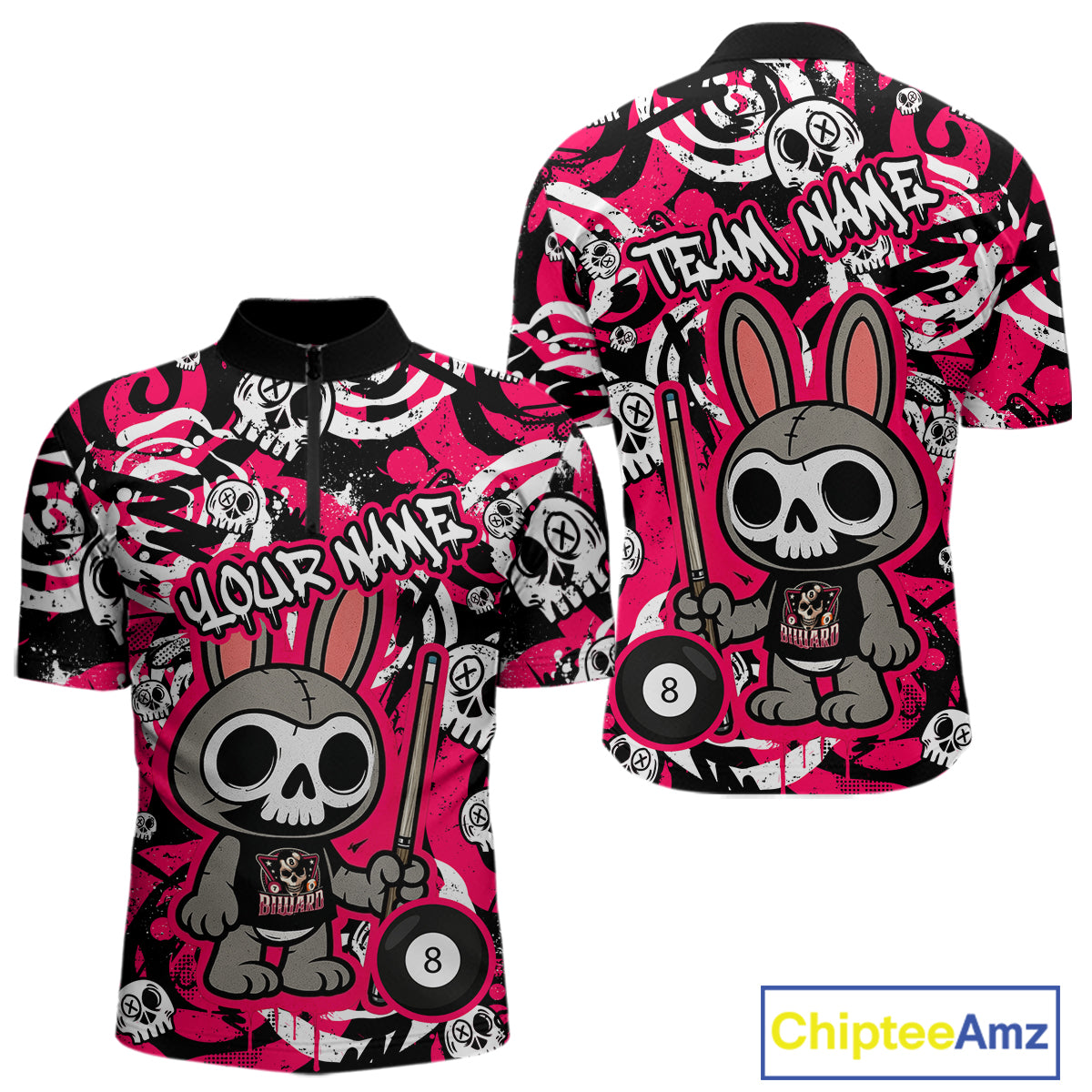Custom Pink Skull Bunny Billiard Shirt for Men Gothic Billiard Team Jersey Polo & Quarter-Zip BHT30