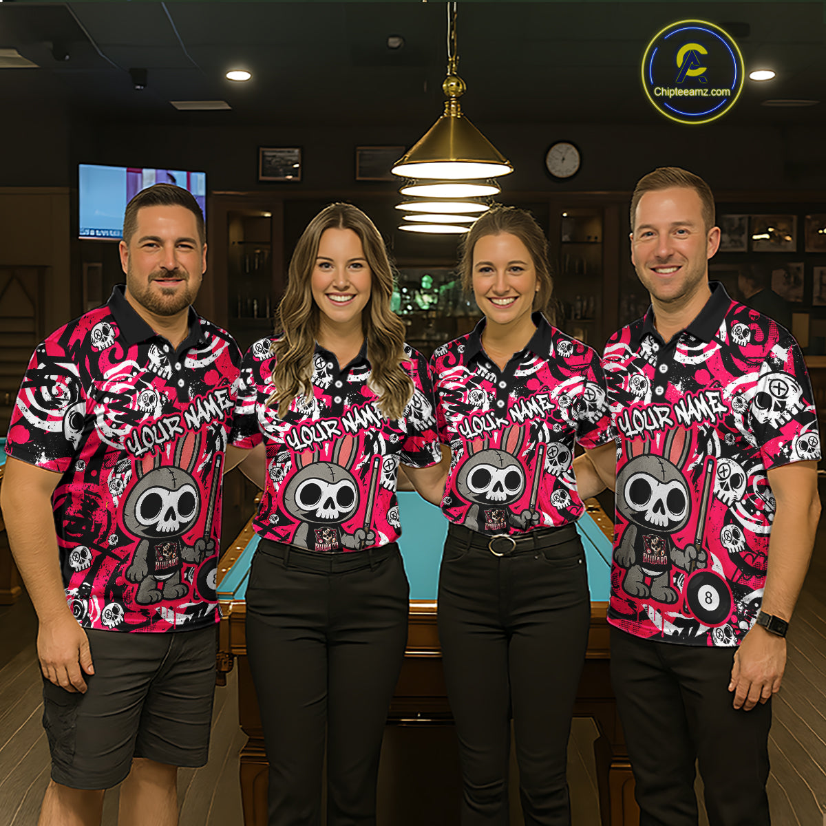 Custom Pink Skull Bunny Billiard Shirt for Women Gothic Billiard Team Jersey Polo & Quarter-Zip BHT30