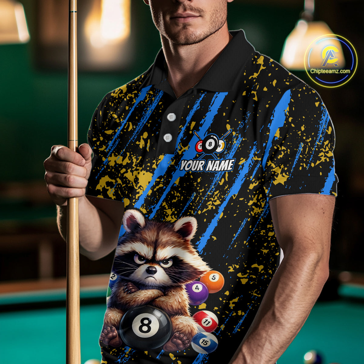 Custom Ugly Raccoon 8 Ball Billiard Shirts for Men Billiard Team Jersey Polo & 1/4 Zip Pool Shirt BHT31