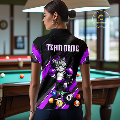 Custom Funny Purple Cat 8 Ball Billiard Shirts for Women Billiard Team Jersey Polo & 1/4 Zip Pool Shirt BHT32