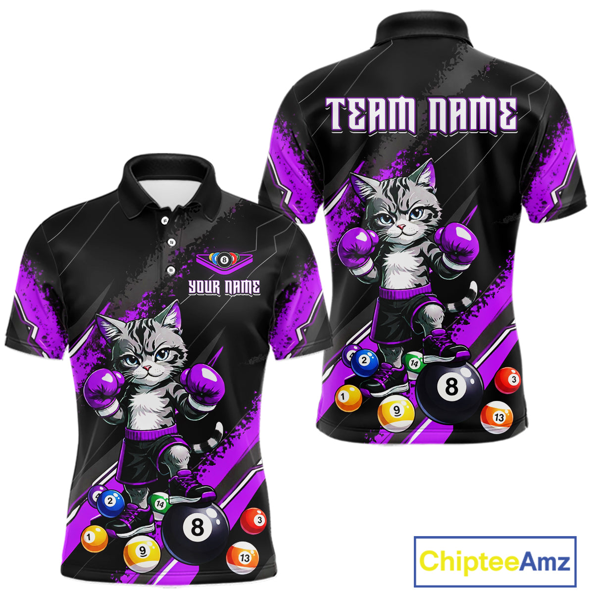 Custom Funny Purple Cat 8 Ball Billiard Shirts for Men Billiard Team Jersey Polo & 1/4 Zip Pool Shirt BHT32