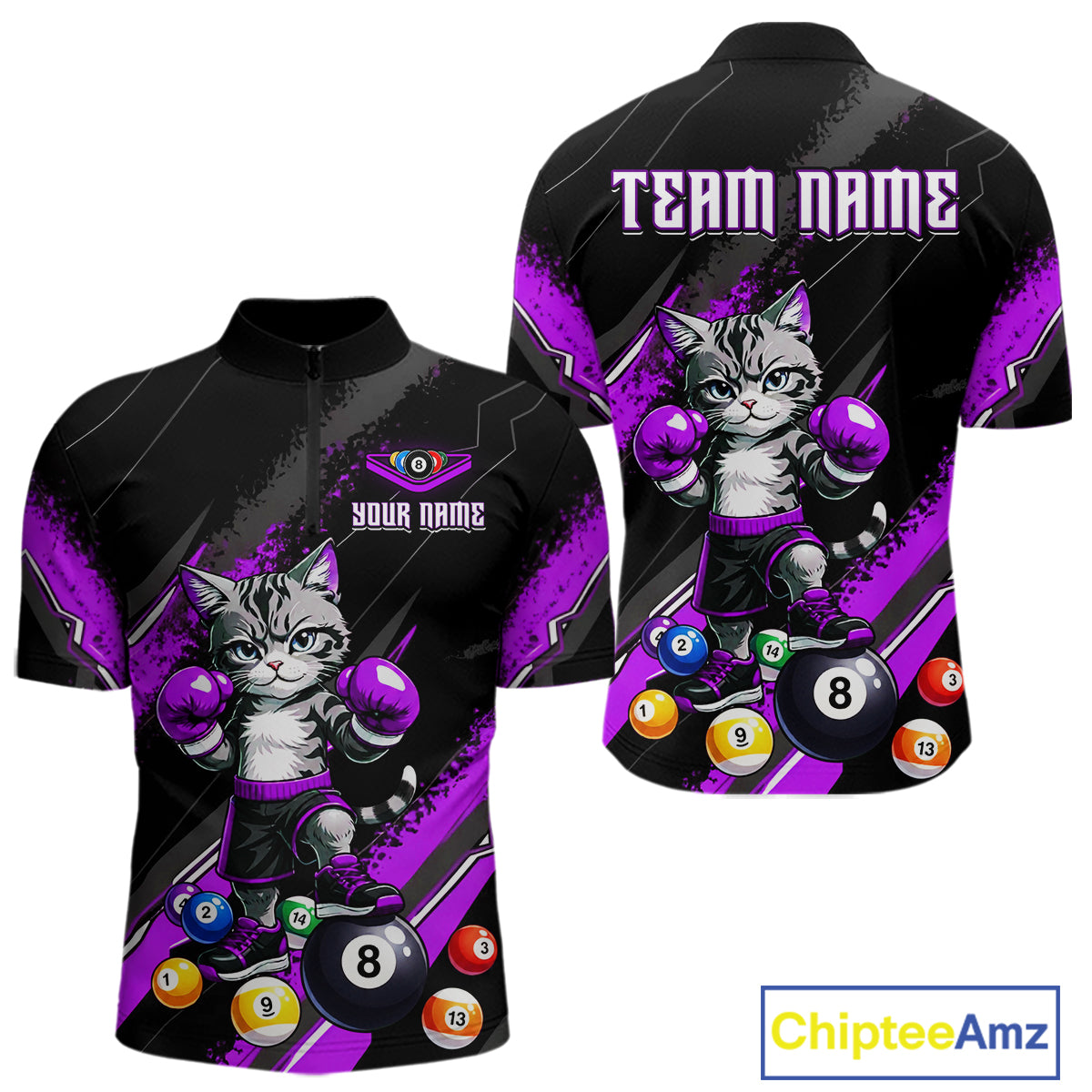 Custom Funny Purple Cat 8 Ball Billiard Shirts for Men Billiard Team Jersey Polo & 1/4 Zip Pool Shirt BHT32