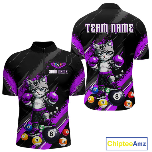 Custom Funny Purple Cat 8 Ball Billiard Shirts for Men Billiard Team Jersey Polo & 1/4 Zip Pool Shirt BHT32
