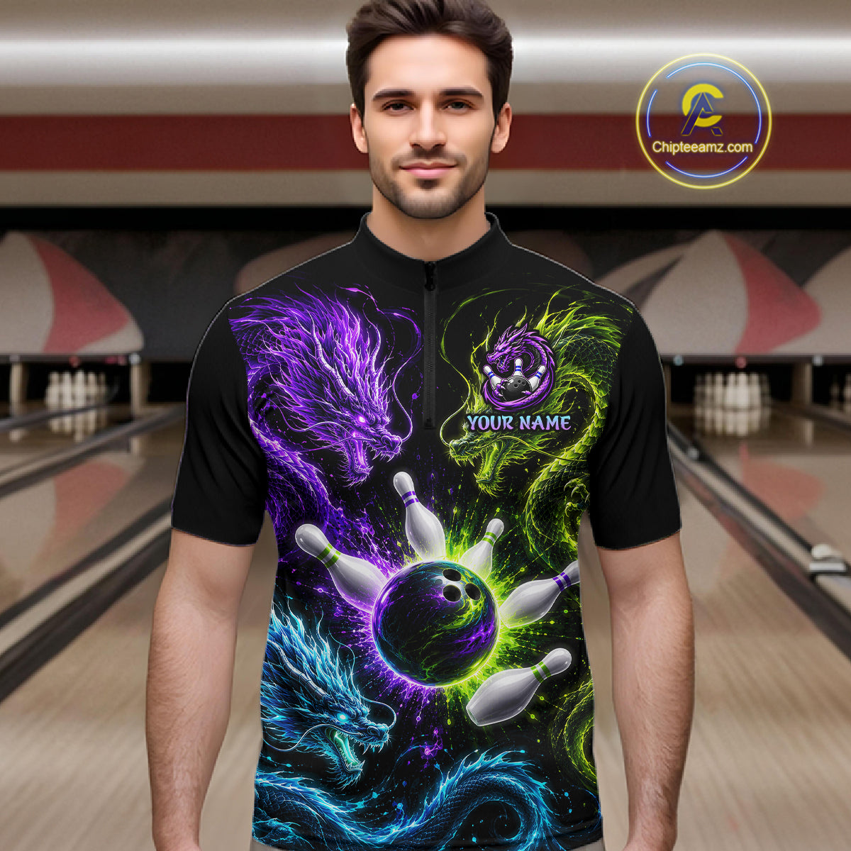 Multicolor Dragon Bowling Shirt for Men Custom Bowling Jersey Polo & Quarter-Zip QZT1051