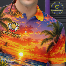 Load image into Gallery viewer, Colorful polo shirt with a sunset and palm tree design, featuring a logo and text space on a person wearing it.