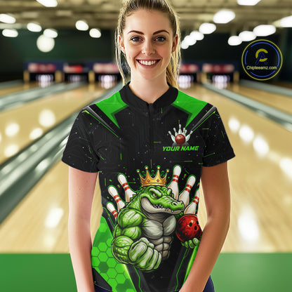 Custom Funny Green Crocodile Bowling Shirt Alligator Bowling Jersey for Women Polo & 1/4 Zip QZT823