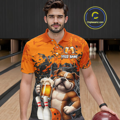 Orange Bull Dog & Beer Bowling Shirt for Men Custom Bowling Team Jersey Bowling Outfit QZT998
