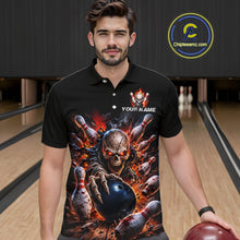 Load image into Gallery viewer, Man wearing a black polo shirt with a skull and bowling design in a bowling alley.
