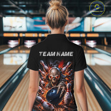 Load image into Gallery viewer, Person wearing a black polo shirt with a graphic design and 'TEAM NAME' text in a bowling alley.