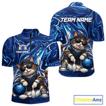 Load image into Gallery viewer, Blue marbled quarter-zip with a cat bowling design and customizable text on a white background