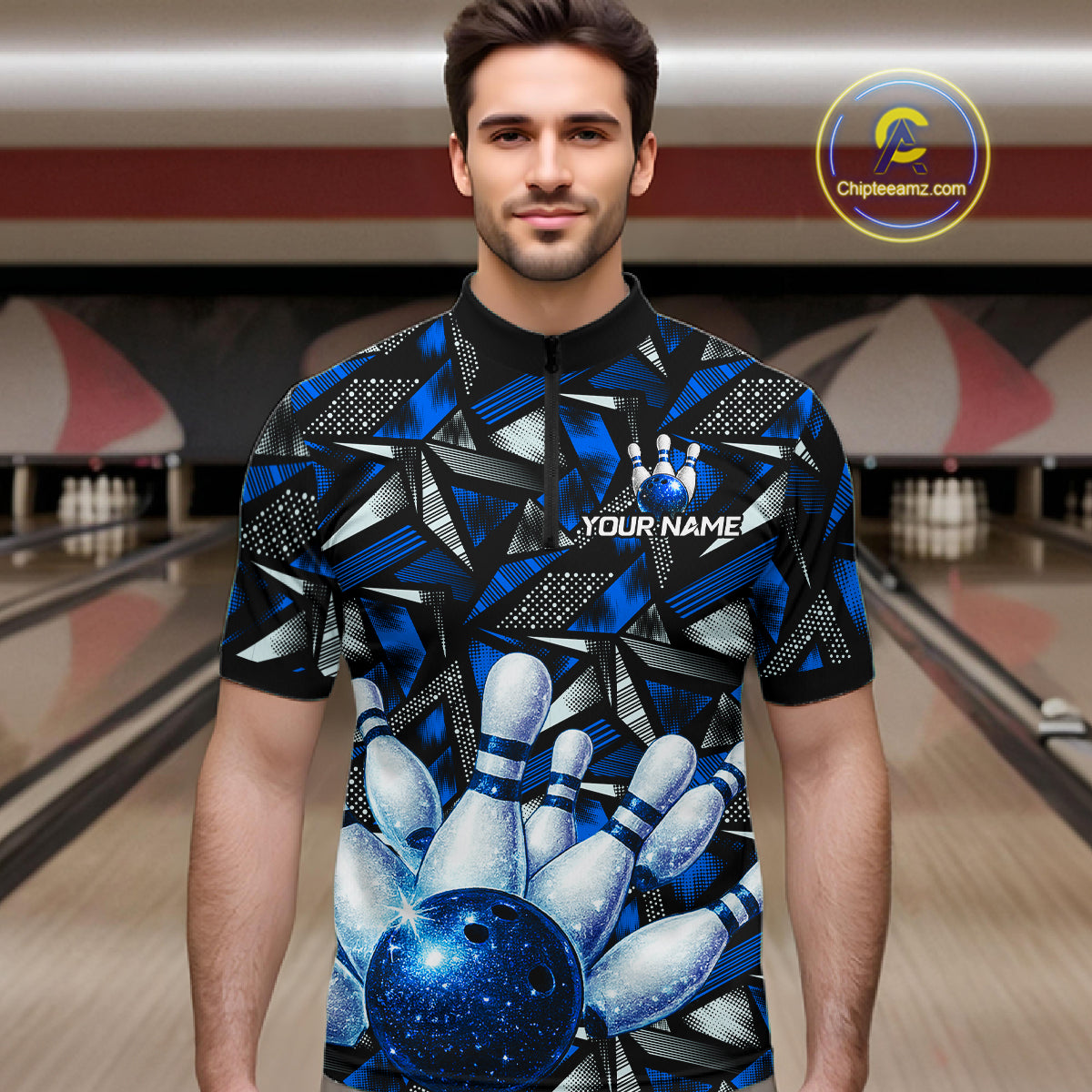 Blue Rhinestone Bowling Shirt for Men Custom Bowling Team Jersey Polo & Quarter-Zip QZT1003