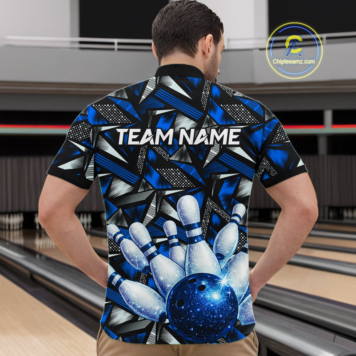 Blue Rhinestone Bowling Shirt for Men Custom Bowling Team Jersey Polo & Quarter-Zip QZT1003