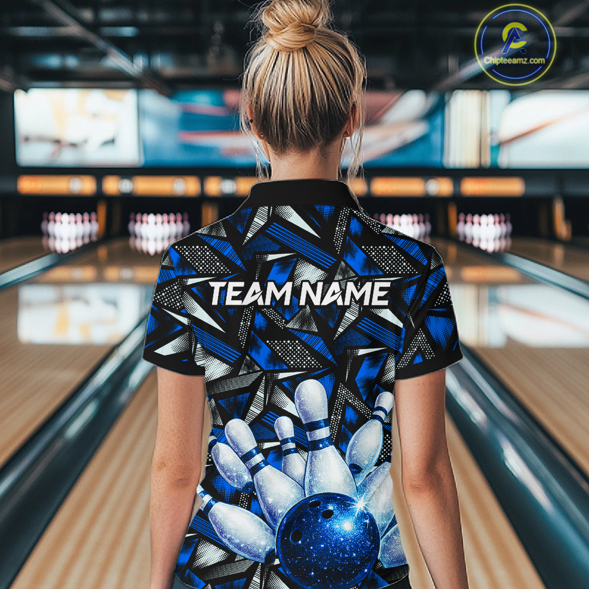 Blue Rhinestone Bowling Shirt for Women Custom Bowling Team Jersey Polo & Quarter-Zip QZT1003