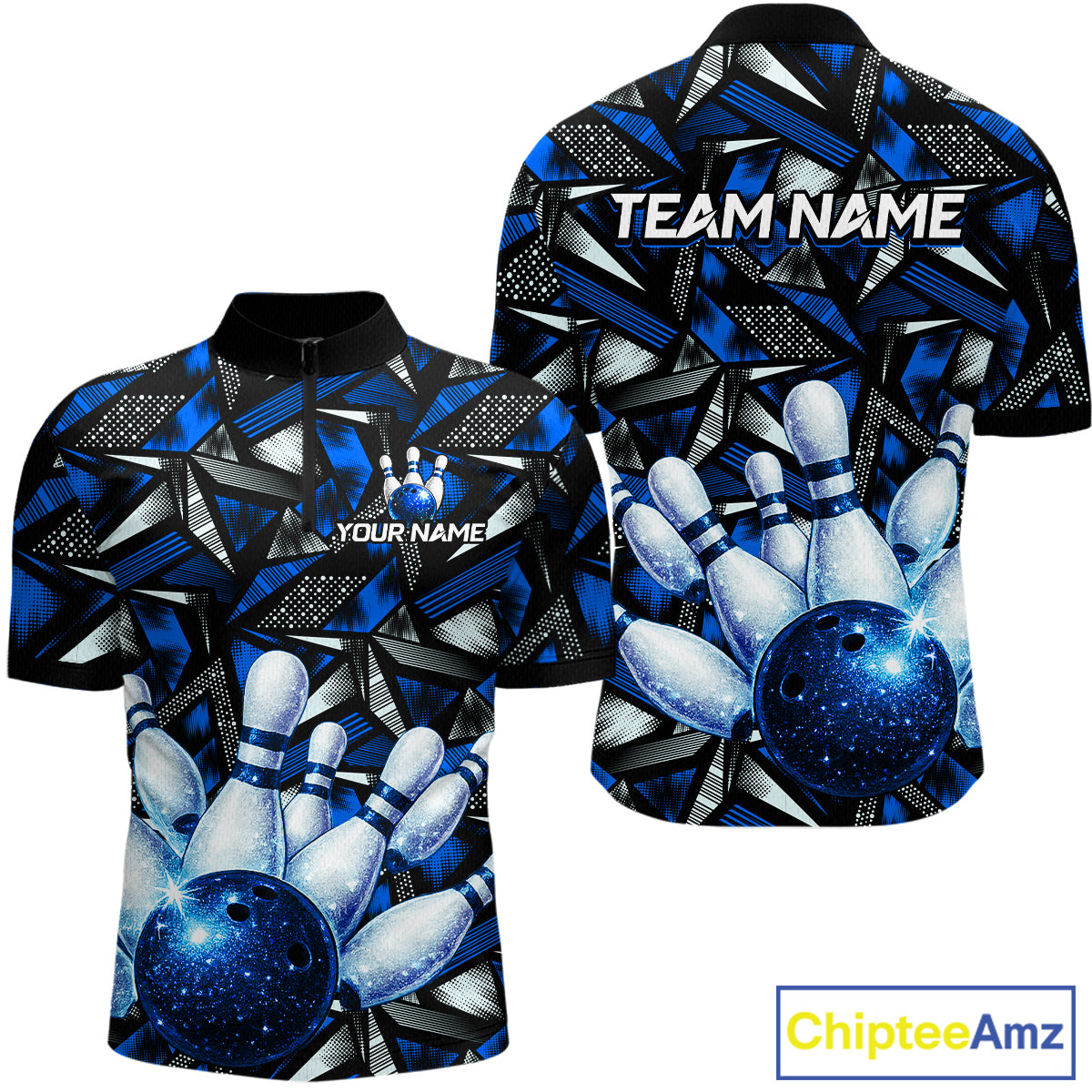 Blue Rhinestone Bowling Shirt for Men Custom Bowling Team Jersey Polo & Quarter-Zip QZT1003