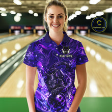Load image into Gallery viewer, Woman wearing a purple bowling shirt with a cat design in a bowling alley.