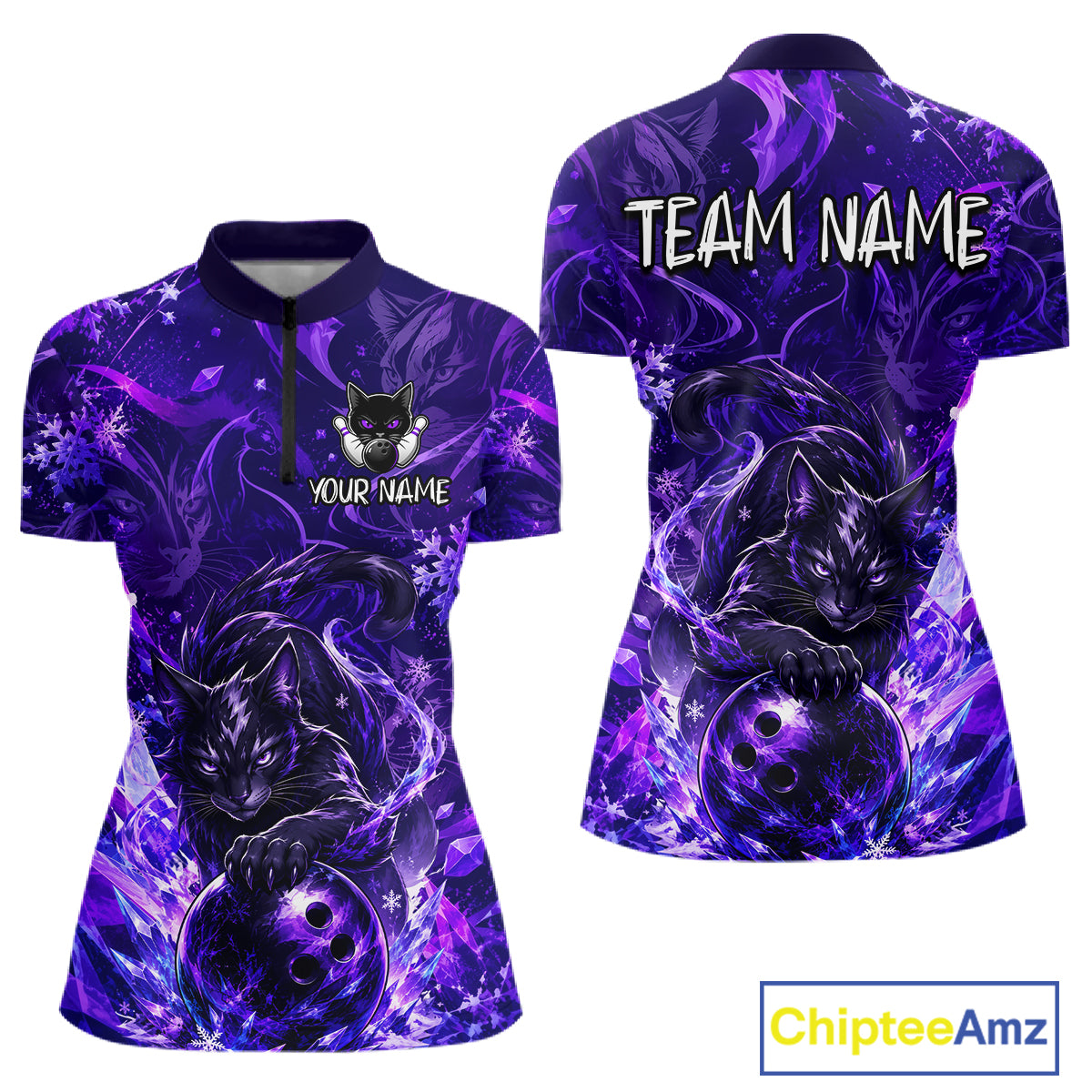 Purple bowling shirt with black cat design on front and back, customizable text areas, and Chiptee Amz branding.