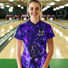 Load image into Gallery viewer, Woman wearing custom purple cat bowling quarter-zip shirt, front view mockup with your name design.