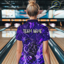 Load image into Gallery viewer, Woman wearing custom purple cat bowling polo shirt, back view mockup with team name design.