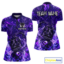 Load image into Gallery viewer, Purple bowling shirt with black cat design on front and back, customizable text areas, and Chiptee Amz branding.