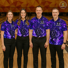 Load image into Gallery viewer, Bowling team wearing custom purple cat bowling shirts, group front view mockup, personalized team jerseys.