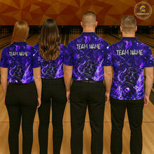 Load image into Gallery viewer, Bowling team wearing custom purple cat bowling shirts, group back view mockup, personalized team jerseys.