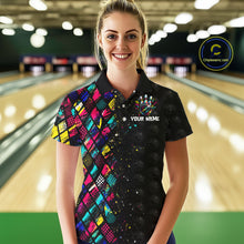 Load image into Gallery viewer, Woman wearing a custom bowling shirt with a colorful pattern and 'Your Name' text in a bowling alley.