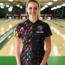 Load image into Gallery viewer, Woman wearing a colorful bowling shirt with a personalized design in a bowling alley.