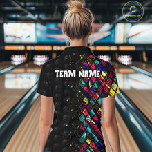 Load image into Gallery viewer, Person wearing a colorful bowling shirt with 'TEAM NAME' text in a bowling alley.